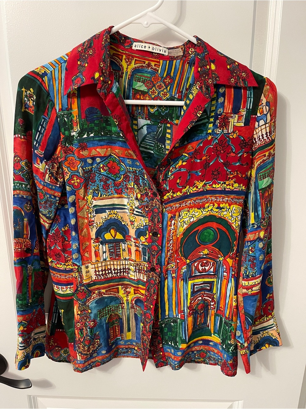 Alice + Olivia 100% Silk Architectural Mosaic Print Button Down Blouse XS - Picture 2 of 5